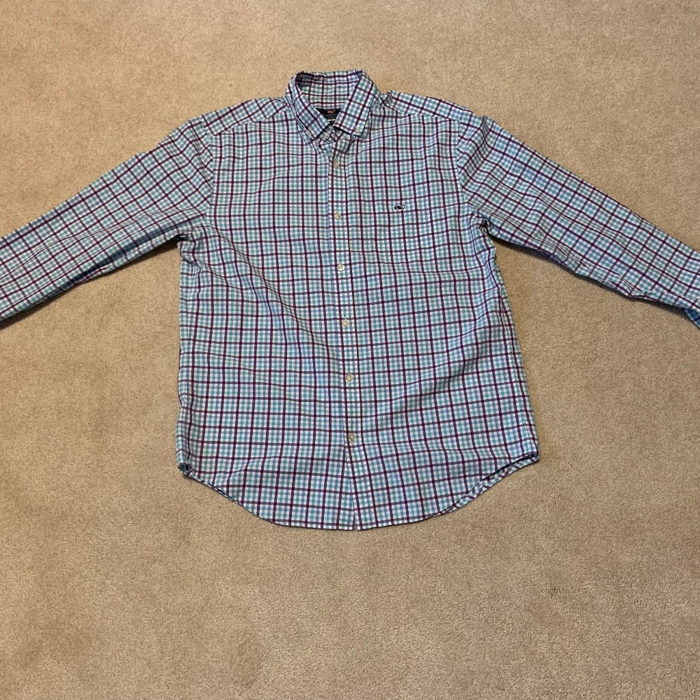 Vineyard Vines Blue Plaid Long Sleeve Classic Fit Tucker Shirt in Size Medium